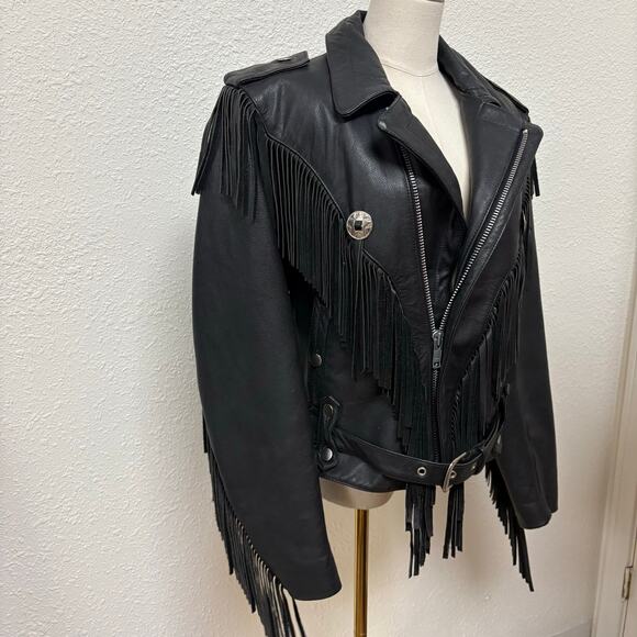 Open Road Fringe Leather Biker Jacket Black Women’s Size Small - Picture 4 of 15